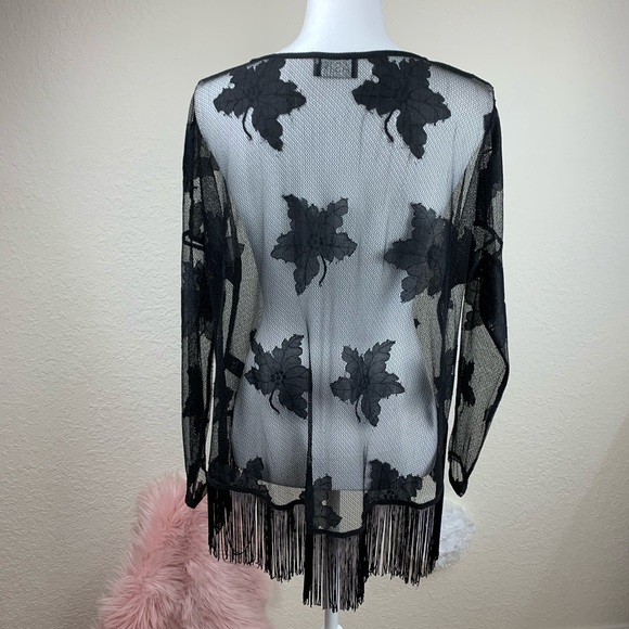 ASTR Black Sheer Leaf Print Fringe Top - Picture 8 of 12